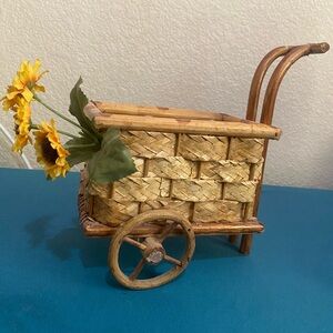 Vintage Boho Rattan & Wicker Cart Miniature Wicker Trolley Basket Sunflower 1970